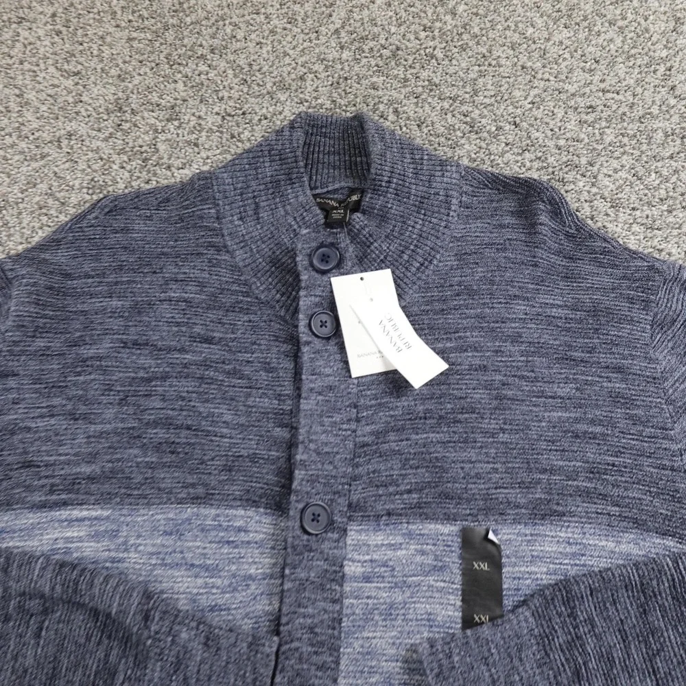 NEW Banana Republic Sweater Mens 2XL Blue Stripe‎ Button Cardigan Mock Neck Knit